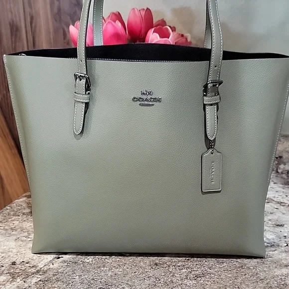 COACH NWOT Pebble Leather Mollie Large Tote Bag Pale Pistachio Green - Picture 2 of 7